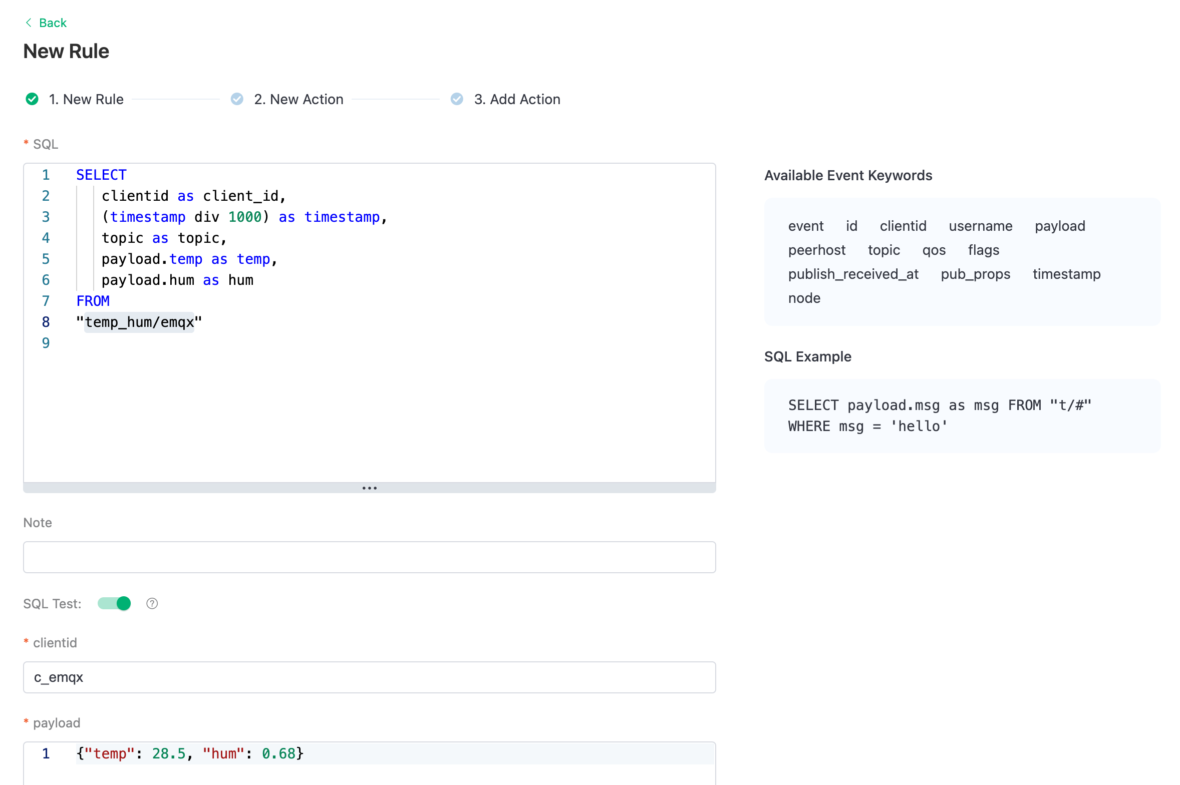 SQL 쿼리를 보여주는 EMQX Cloud 데이터 통합 규칙 생성 1단계